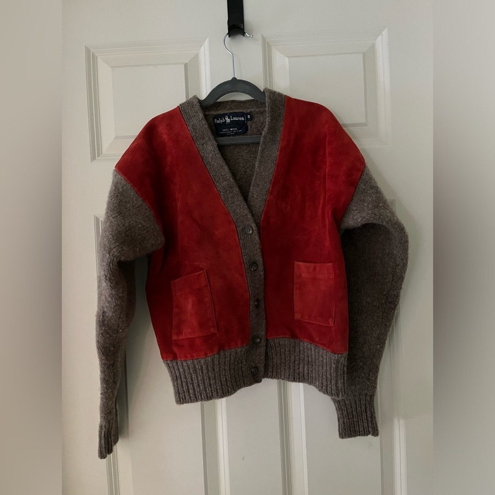 Boy’s Vintage Polo Ralph Lauren Wool & Suede 
Cardigan Sweater brown/red size S